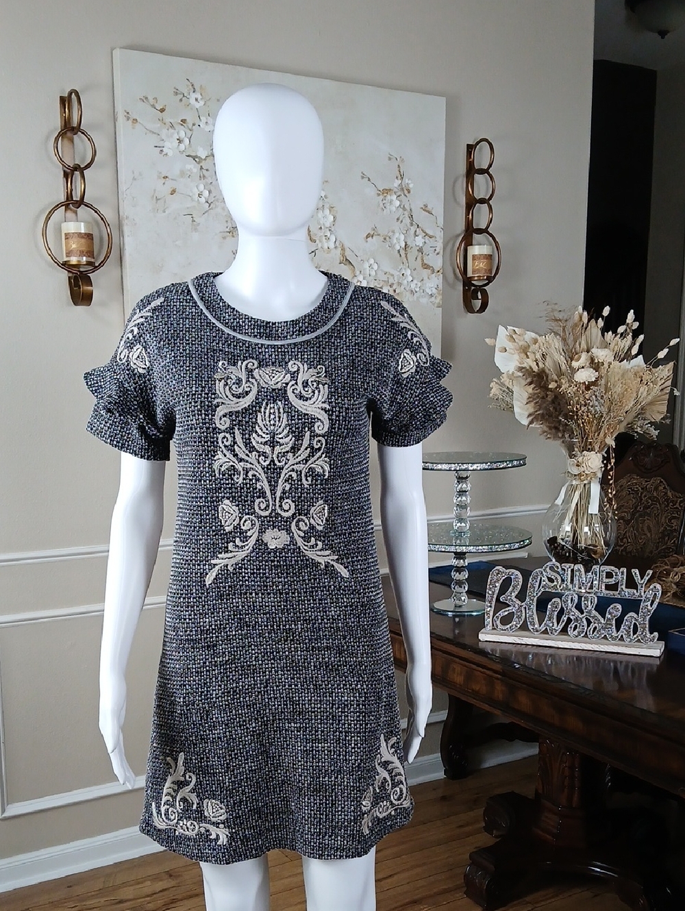 Women's Embroidered Boho Knit Boho Shift Dress in Heather Gray Black XS